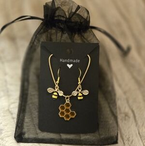 Handmade Gold Bumblebee Earring And Honeycomb Necklace Set
